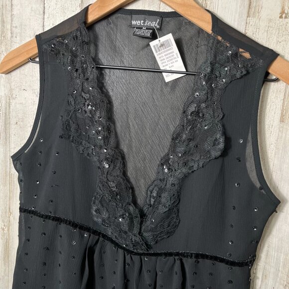 Vintage Y2k Wet Seal Deadstock Black Mesh Sequin Babydoll Top Womens Size Medium - Picture 2 of 4
